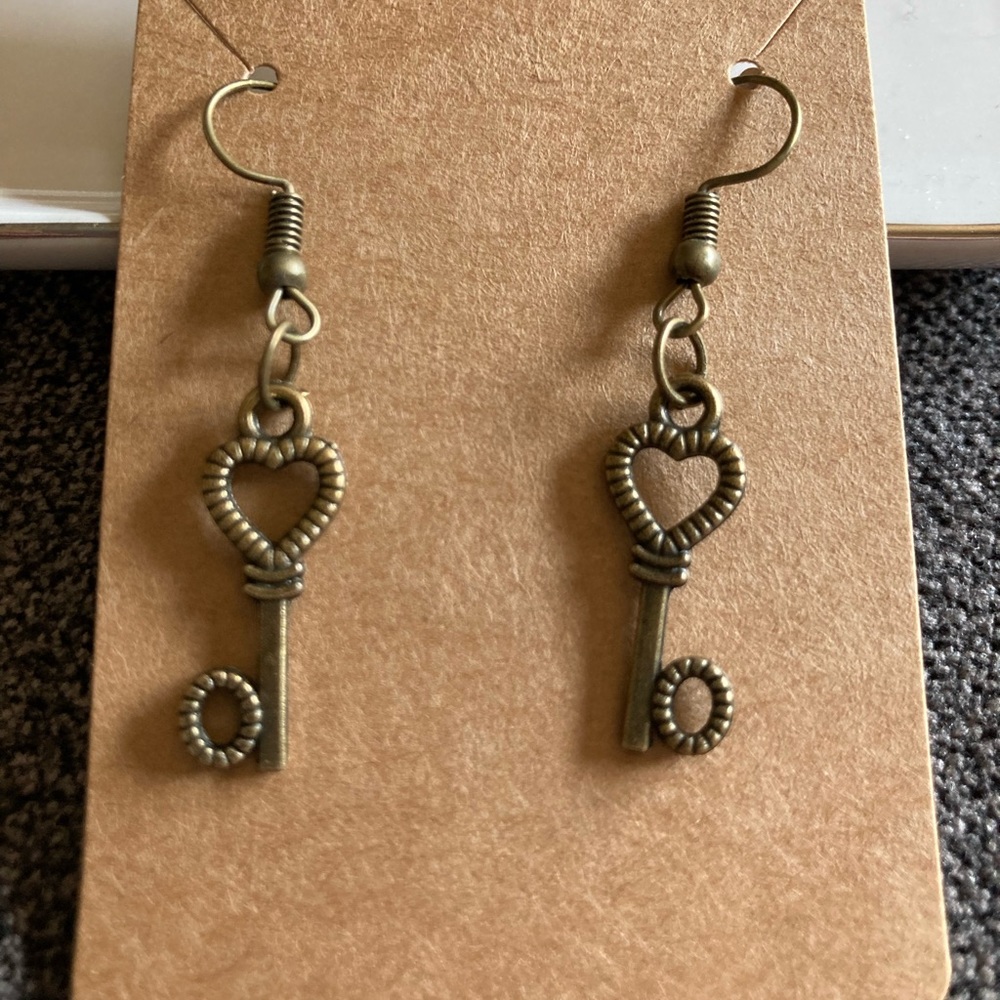 Handmade Bronze Key Heart Shaped Earrings.